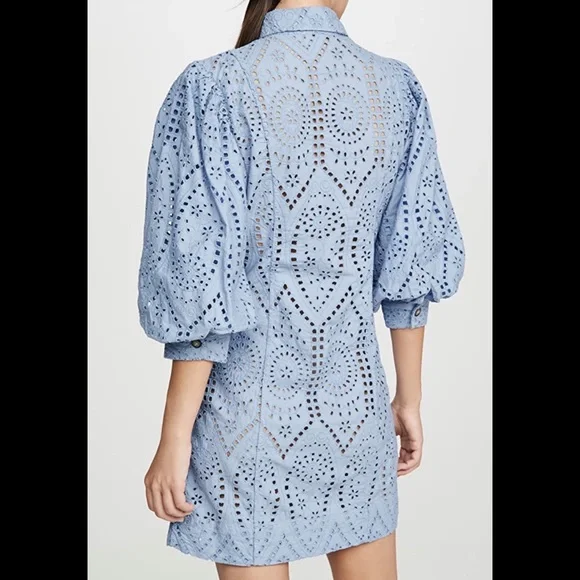 Ganni NWT Balloon-Sleeve Broderie Anglaise Mini Shirt Dress (Size 34) - Picture 6 of 8